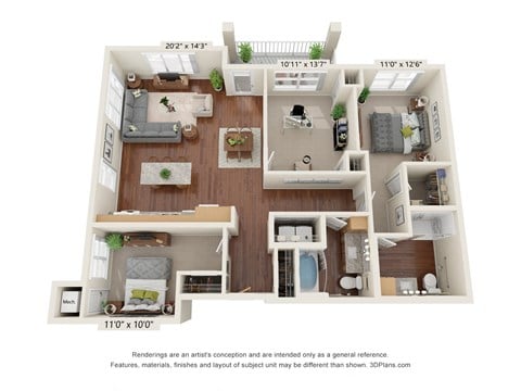 Floor plan for 3 beds, 2 baths, 1377 sqft